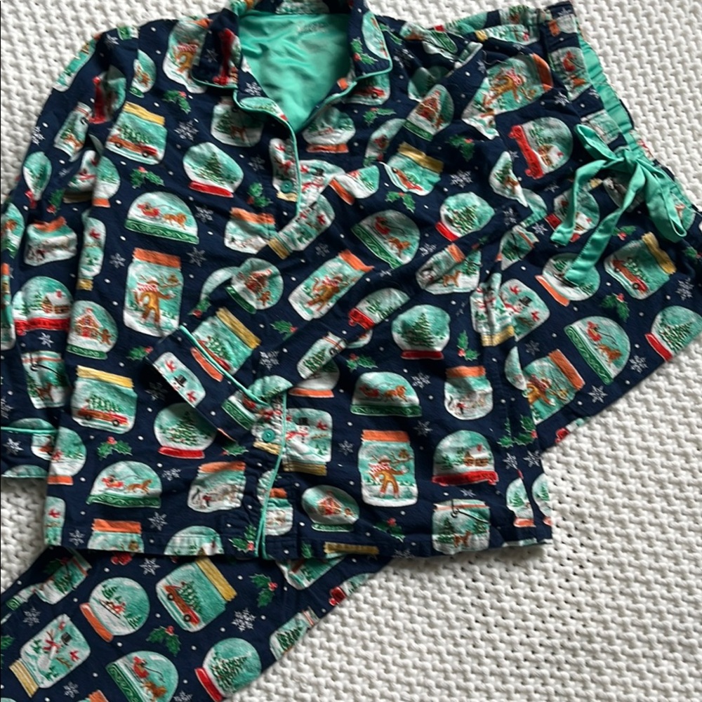 Nick & Nora Snow Globe Sock Monkey Flannel Pajamas Small Holiday Christmas
